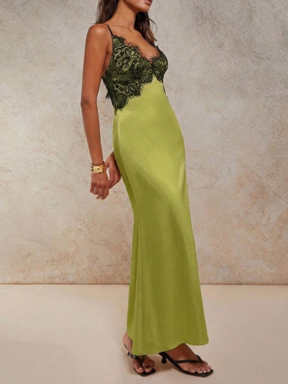 Chartreuse Satin Maxi Dress with Black Lace Bodice